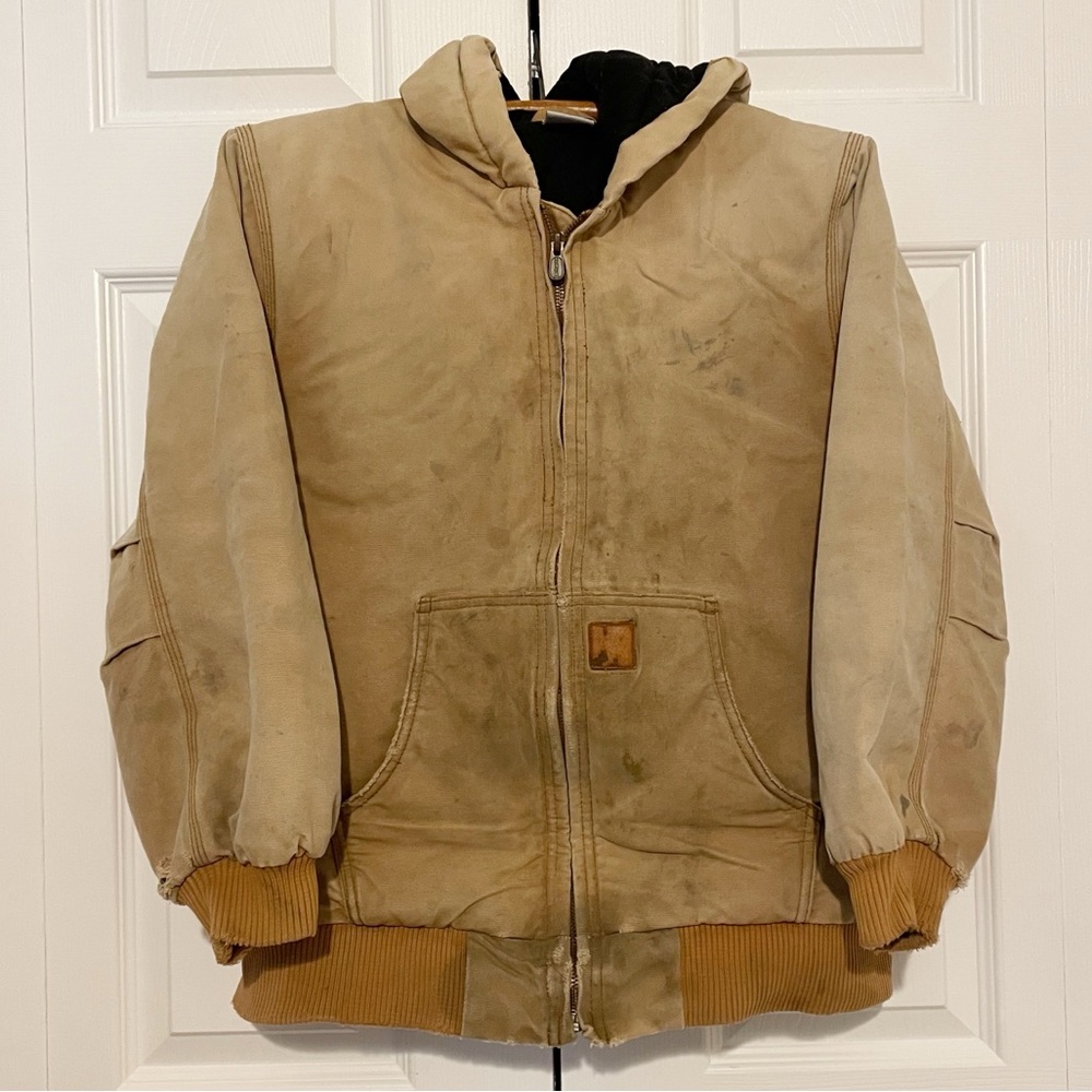 Vintage Carhartt Kids Large Distressed Lined Full Zip Hooded Jacket Brown Faded